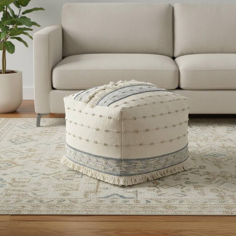 HomeRoots 18" Ivory and Navy Blue Cotton And Wool Striped Pouf Ottoman - Navy Blue/Ivory - 18.00 in. x 14.00 in.  x 18.00 in.