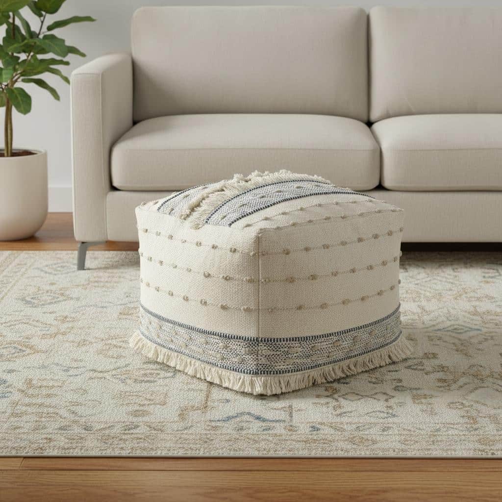 HomeRoots 18" Ivory and Navy Blue Cotton And Wool Striped Pouf Ottoman