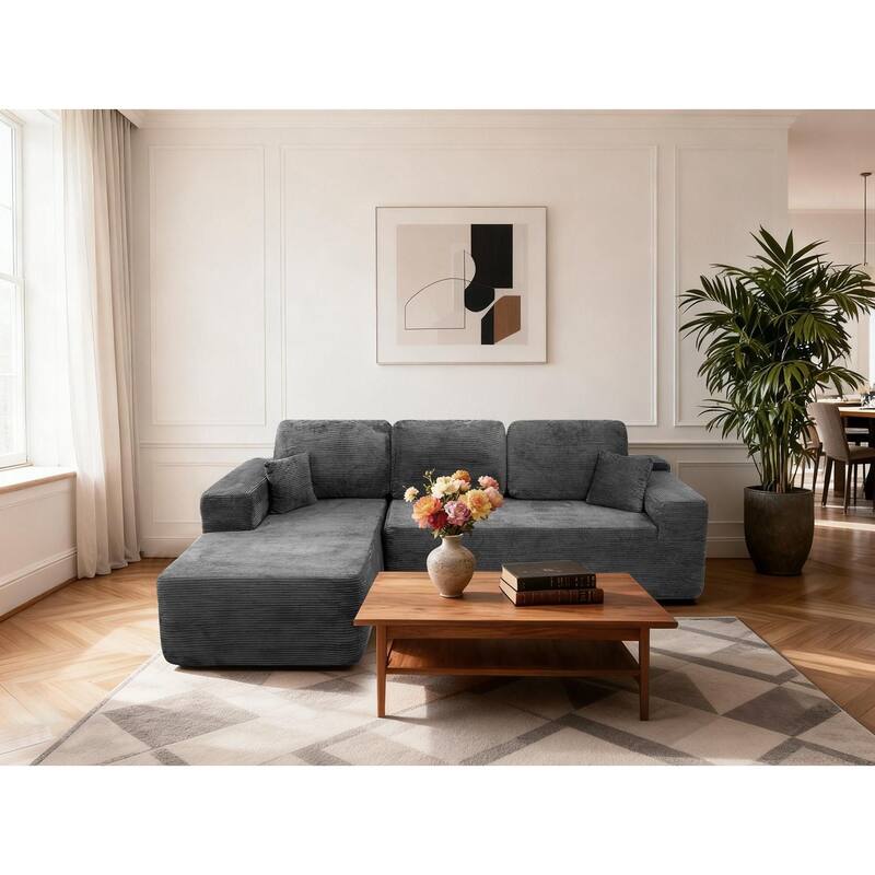 Oversized Corduroy Corner Sofa with Chaise, Boneless L-Shaped Sectional Couch, Modular Deep Seat Couches with Pillows - Grey