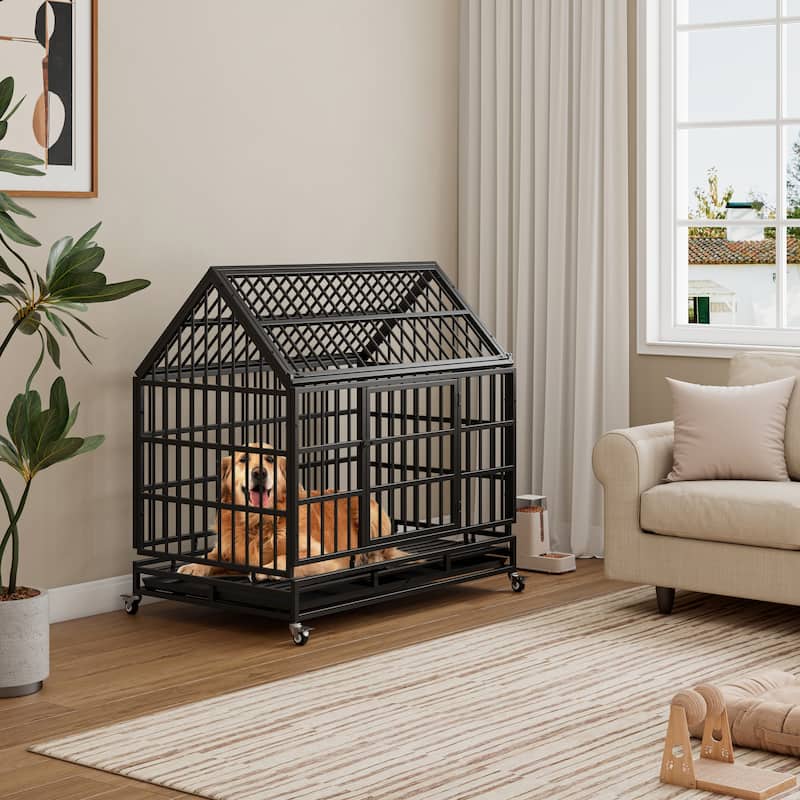 48 Inch Heavy Duty Dog Crate with Wheels, Folding Big Dog Cage for Large and Medium Dogs with a pointed roof and Removable Tray