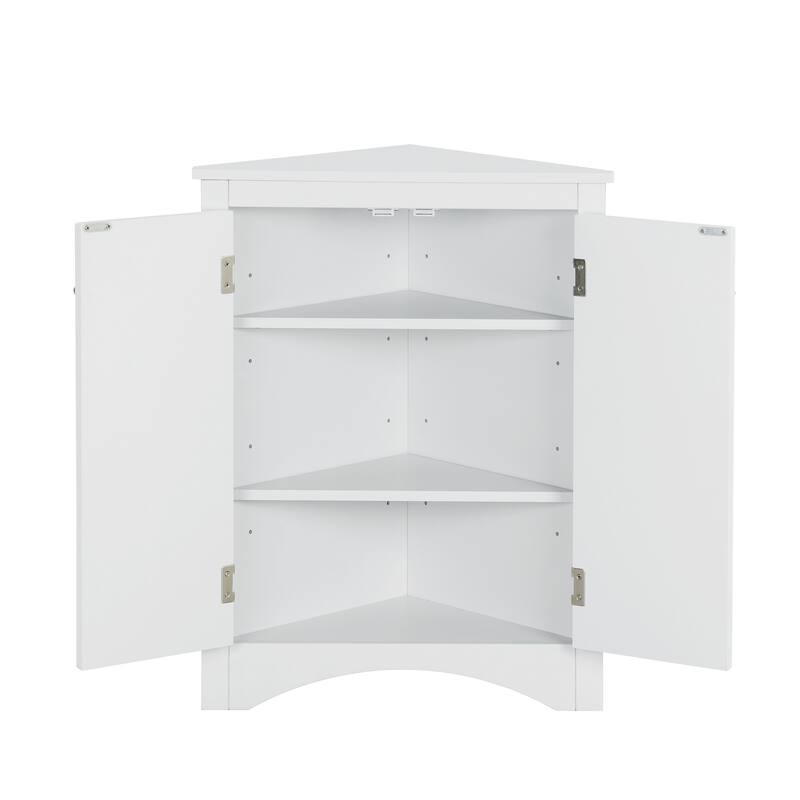 Roomfitters Triangle Corner Bathroom Cabinet, Modern MDF Floor Storage Organizer with Adjustable Shelves & Metal Knobs