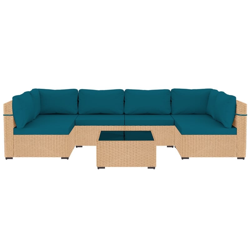 Patio Watcher 7-Piece Patio Yellow Wicker Sectional Seating Group with Cusions and Side Table