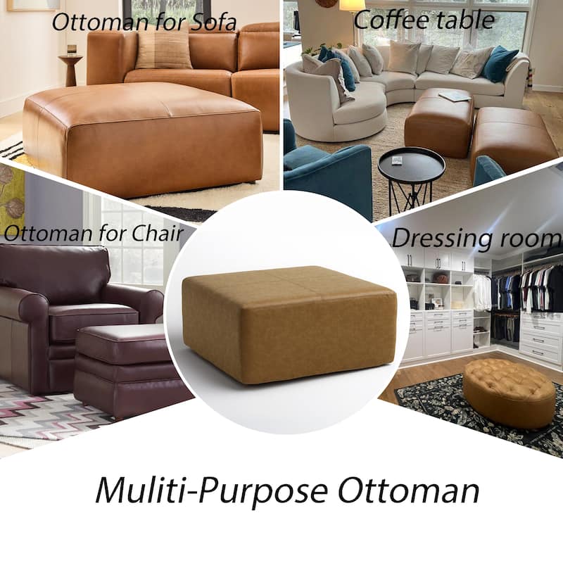 Oversized Square Ottoman Coffee Table, Faux Leather Couch Ottoman Large Footstool for Living Room