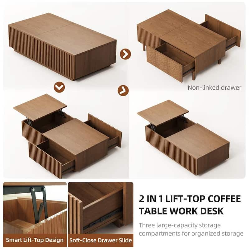 51.1'' Modern Lift-Top Coffee Table with Hidden Storage & Sliding Drawers, Satin Walnut Finish, Rectangular Center Table