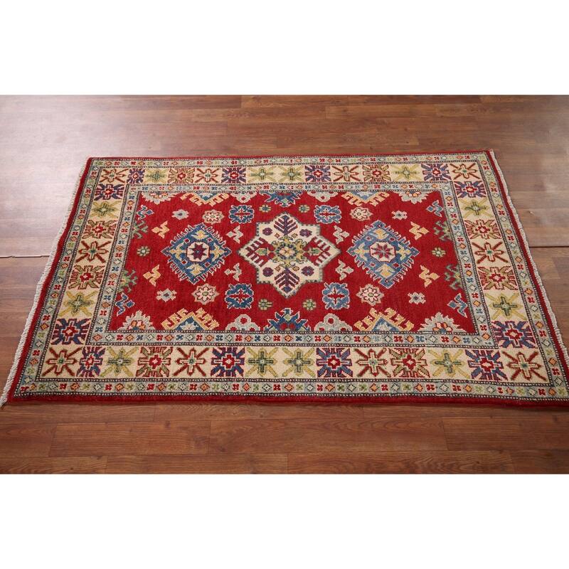 Red Traditional Geometric Kazak Accent Rug Hand-Knotted Wool Carpet - 3'1" x 5'0"