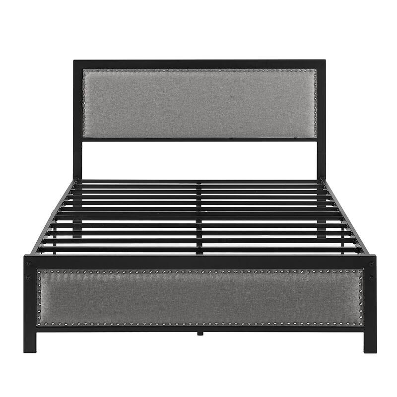 Metal Bed Frame with Linen Upholstered Nailhead Headboard, Platform Bed with 12.6" Under Bed Storage, No Box Spring Needed