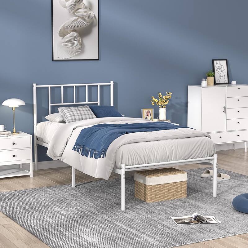 VECELO Victorian Style 14 Inch Metal Platform Bed Frame with Headboard, Heavy Duty Steel Slat Support, No Box Spring Needed
