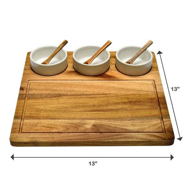 dimension image slide 0 of 2, Picnic at Ascot Premium Acacia Charcuterie Board Set with Ceramic Bowls and acacia spoons - 13" x 13"