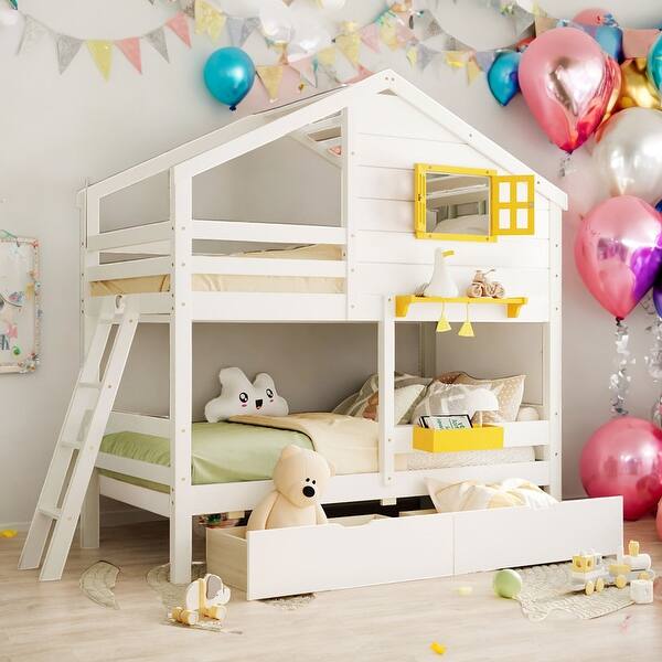 slide 2 of 12, Twin Over Twin Bunk Bed With 2 Drawers,1 Storage Box,1 Shelf for Home White