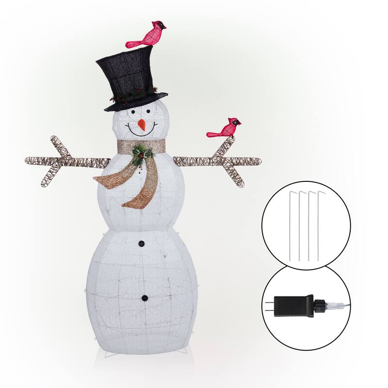 Alpine Corporation Mesh Snowman Decoration with Bird Accents and LED Lights - White