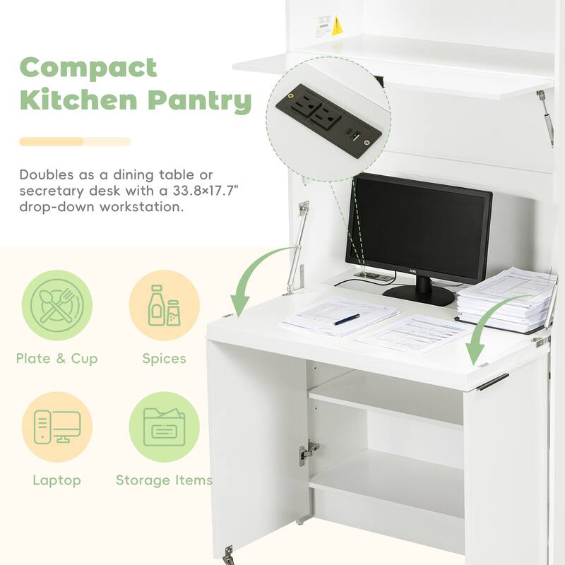 Compact Kitchen Pantry Cabinet with Hutch, Foldable Workstation, Power Outlet, 69 Inch Buffet Storage