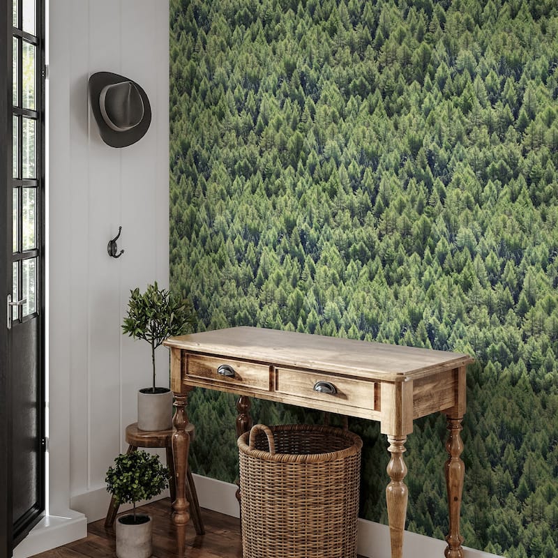 Galerie Wallcoverings Woods and Wicker Collection Green Pine Forest Matte Finish Vinyl on Non-woven Wallpaper Roll