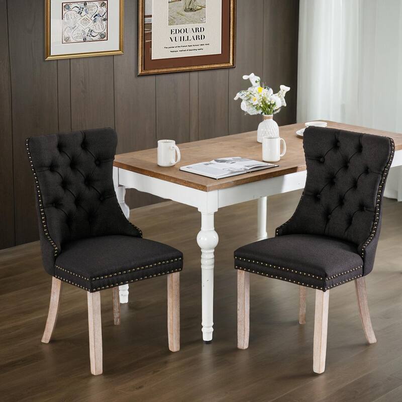 High-end Tufted Solid Wood Contemporary Flax Upholstered Dining Chair with Wood Legs Nailhead Trim 2-Pcs Set