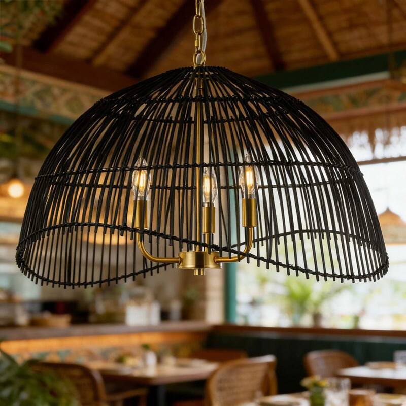 Boho Black Woven Rattan 3 Light Pendant Ceiling Light Brass Copper Finish Iron Frame for Kitchen Island Living Room