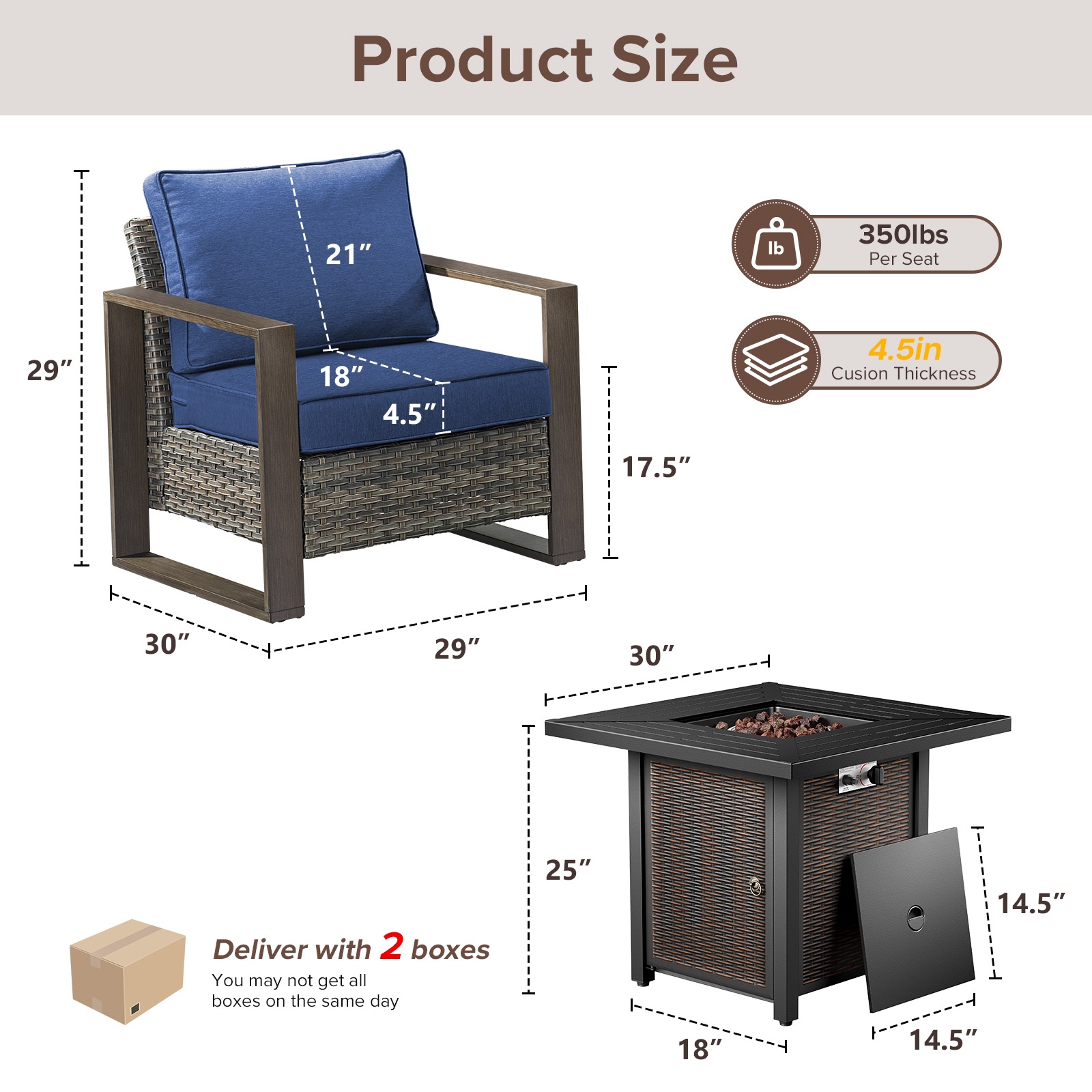 Meyreso 3-Piece Wicker Patio Conversation Set with Metal Fire Pit & Plush 4.5" Olefin Cushions