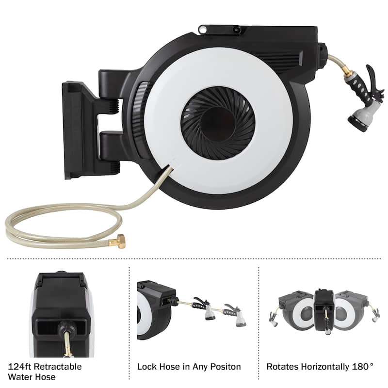 Pure Garden Retractable Hose with 9 Nozzle Patterns - Hose Reel Wall Mount with 180-Degree Swivel Bracket and Auto-Rewind