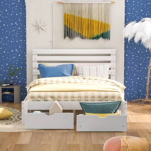 Queen Storage Platform Bed with 2 Footside Drawer&Headboard, Wood Panel Bed for Small Aprtment Dorm Bedroom
