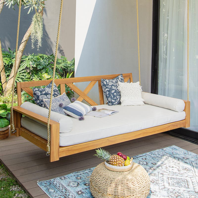 Cambridge Casual Logan Teak Outdoor Porch Swing Daybed with Cushion
