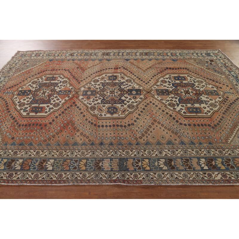 Traditional Bakhtiari Persian Vintage Rug Handmade Orange Wool Carpet - 6'10"x 9'11"