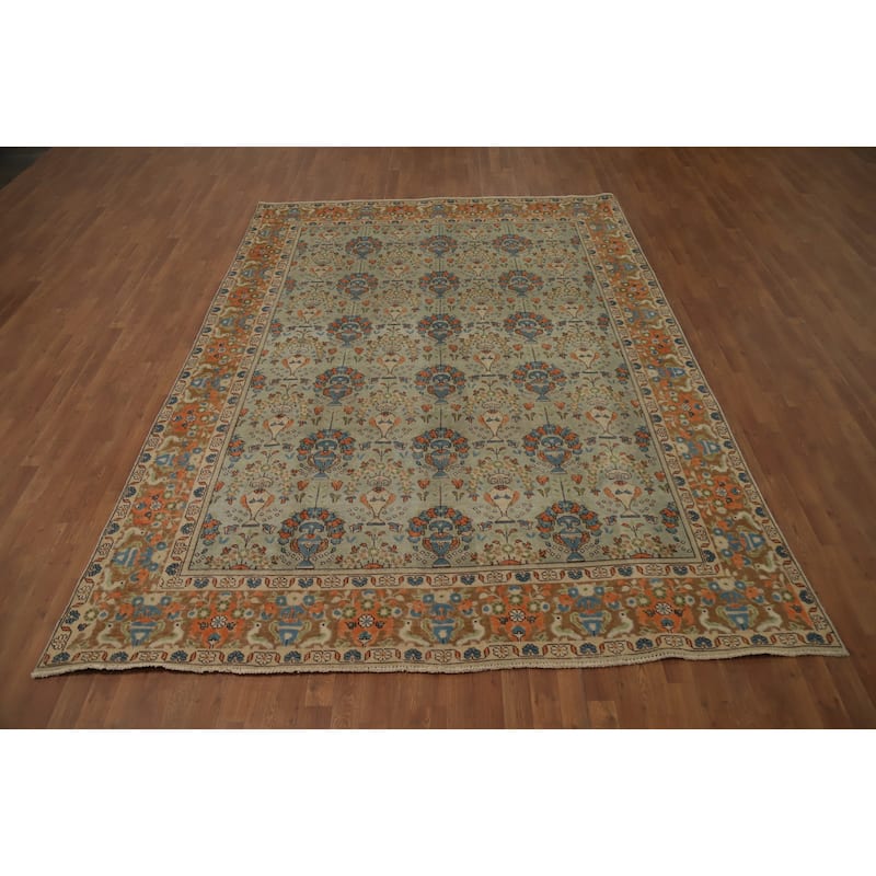 Hand Knotted Oriental 100% Wool Carpet Traditional Floral Green Tabriz Area Rug - 11' 0'' X 8' 1''
