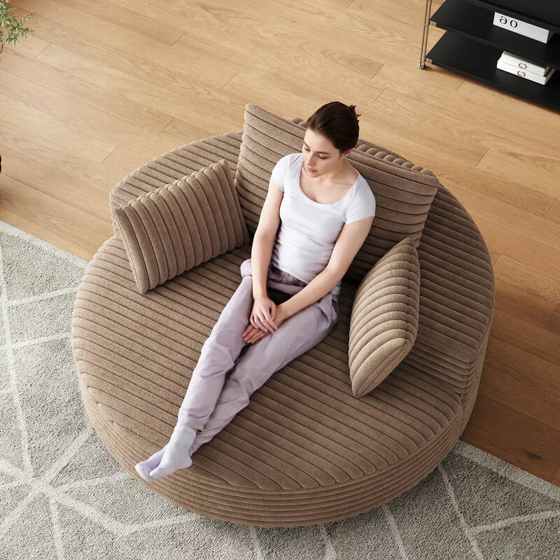 Oversized Swivel Accent Chair, Corduroy Round Lounge Sofa Chair, Upholstered Reading Armchair with Back Cushion & 2 Pillows
