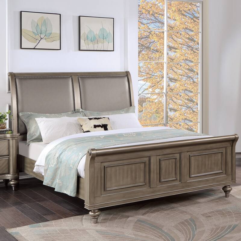 Wooden Bed with Upholstered Headboard in Antique Silver