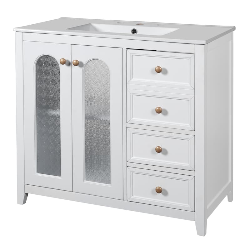 GDFStudio - Terra Wood & Ceramic 36" Bathroom Vanity with Sink, 2 Soft-Close Doors, Shelves & 3 Drawers
