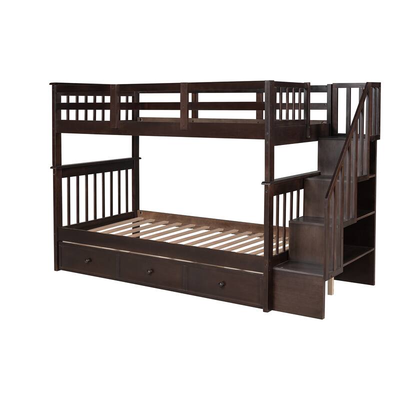 Wooden Stairway Bunk Beds with 3 Under Bed Drawers and Guard Rail