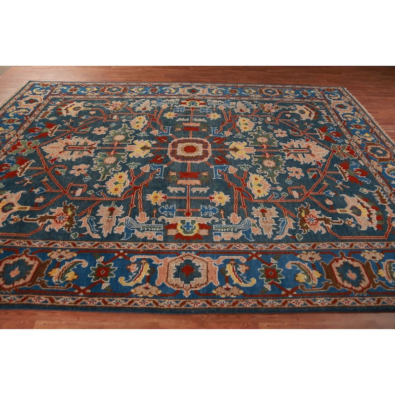 All-Over Blue Oushak Oriental Area Rug Handmade Wool Carpet - 8'11" x 11'9"