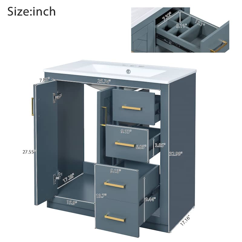 Freestanding 30 Inch Bathroom Vanity with Ceramic Sink, MDF Cabinet with 3 Drawers and Storage Shelf