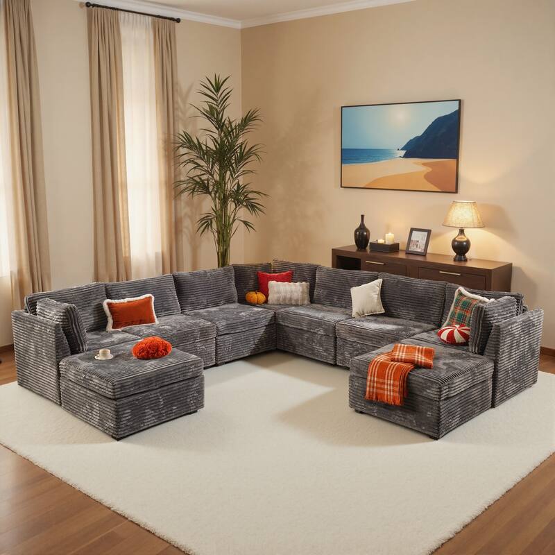 OVIOS Modern L-Shaped Fabric Sofa​ - PlushGrey