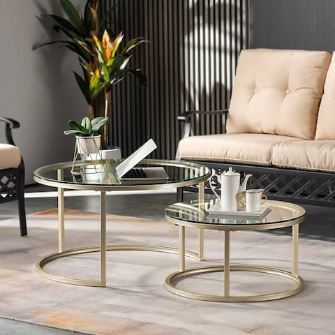 Ivinta Round Nesting Coffee Table Set of 2, Modern Tempered Glass/Wooden/White Faux Marble Veneer Tables for Living Room