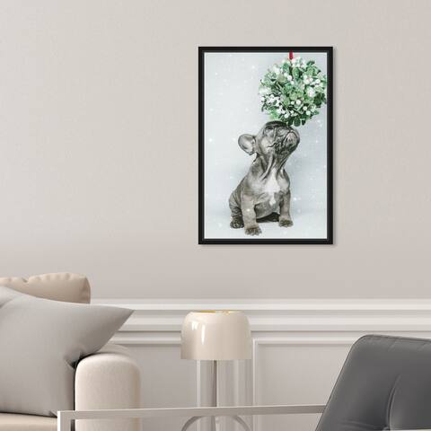 Oliver Gal 'Puppy Holiday Gift' Animals Gray Wall Art Canvas Print