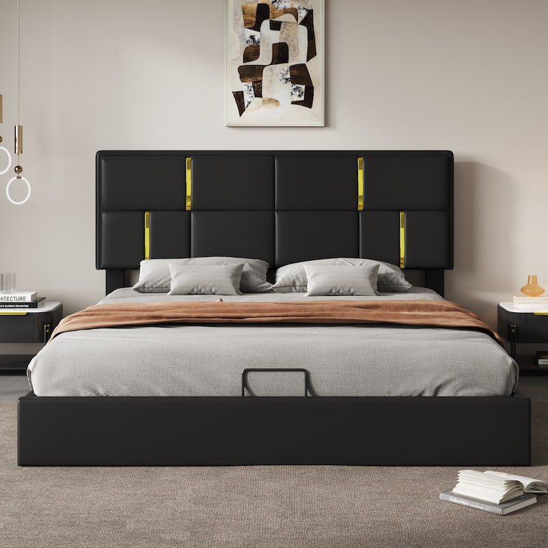 Elegant Design Upholstered Platform Bed with Hydraulic Storage System - Black