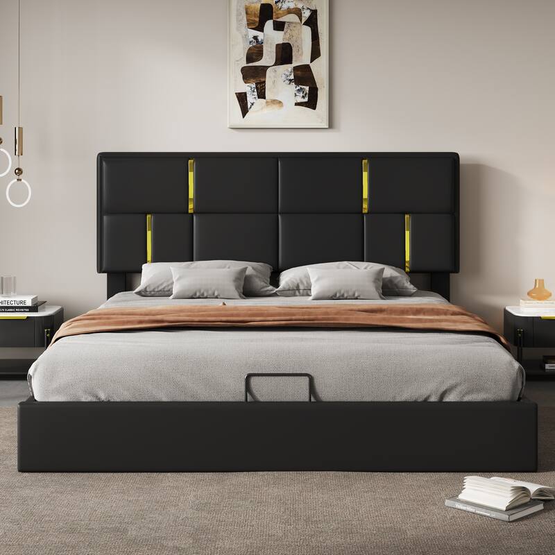 Roomfitters Queen Upholstered Platform Bed with Hydraulic Storage Lift, Modern Bed Frame, No Box Spring Required - Black