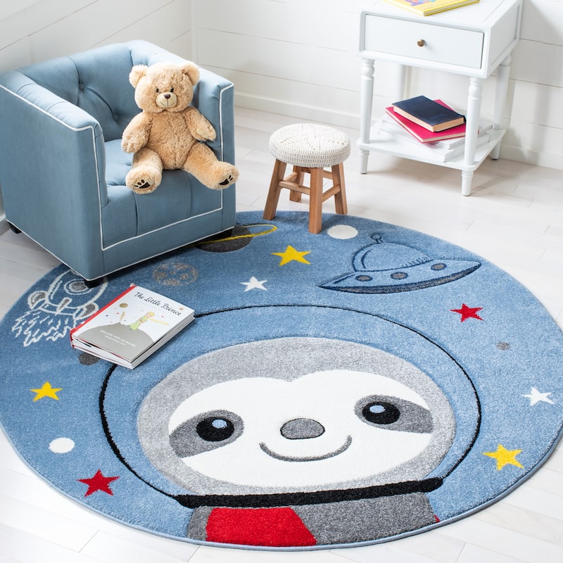 SAFAVIEH Carousel Kids Kolbrin Sloth Astronaut Rug - 4' Round - Blue/Grey