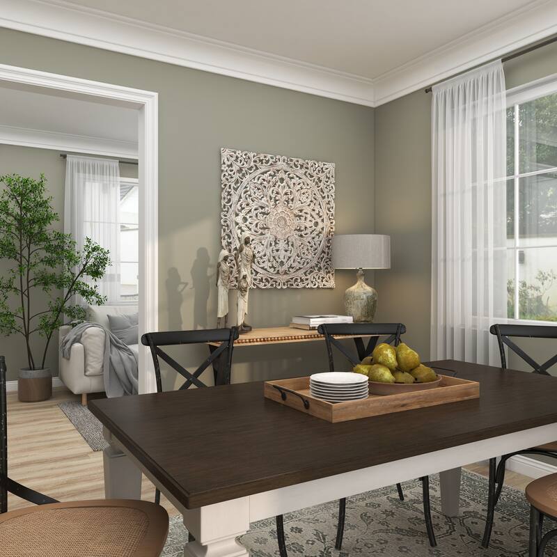 White Wood Handmade Intricately Carved Mandala Floral Home Wall Decor with Brown Distressing