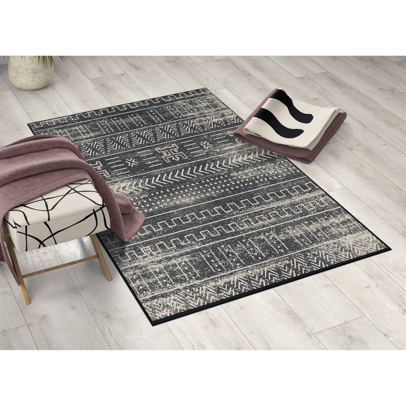 Deerlux Boho Living Room Area Rug with Nonslip Backing, Black Tribal Pattern