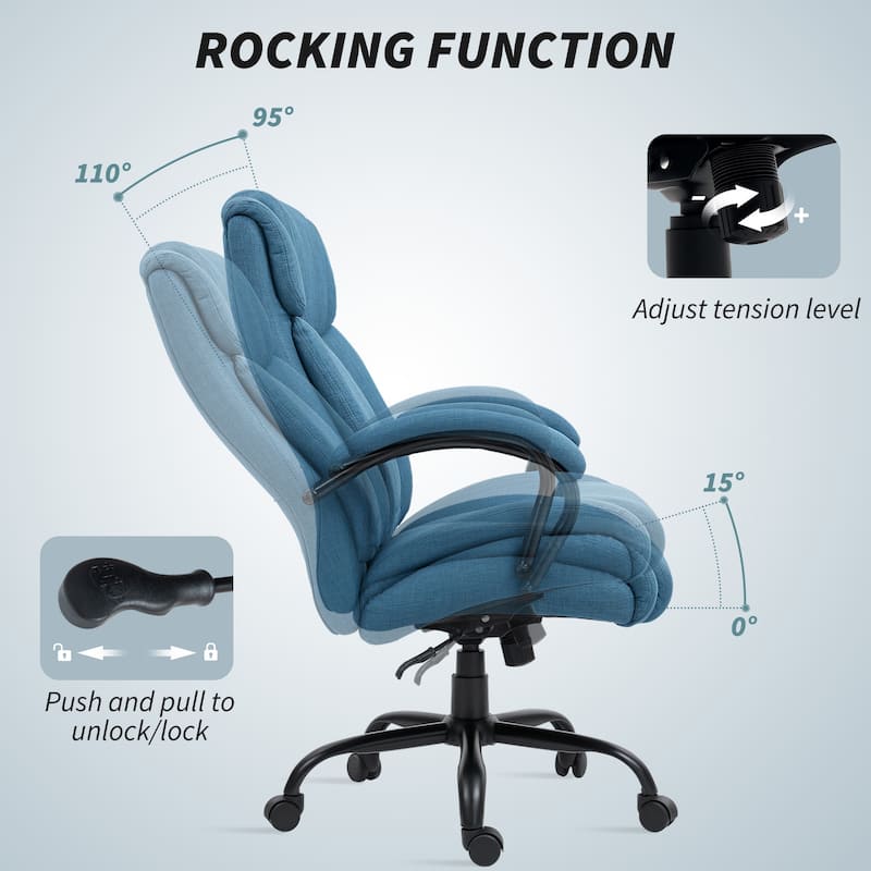 Comfortable Linen Upholstery Massage Office Chair with Wide Seat and Smooth Rocking Motion - 28.5" W x 32.75" D x 43.25"-46.5" H