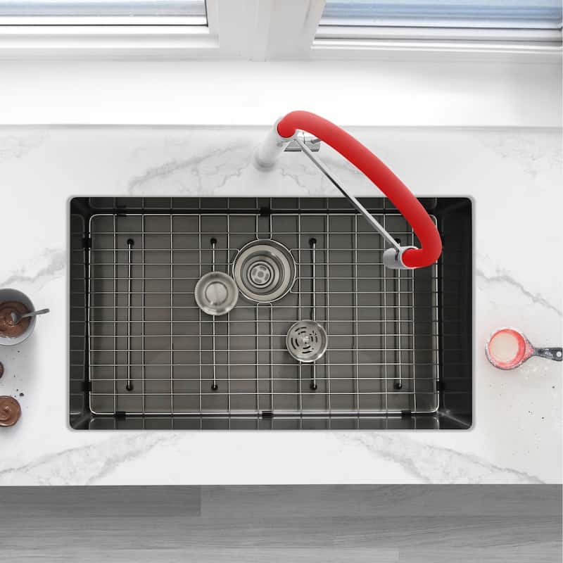 STYLISH 30 inch Graphite Black Single Bowl Undermount Stainless Steel Kitchen Sink with Grid and Basket Strainer Handmade