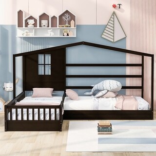 Twin Size Wood House Bed, L Structure Solid Pine 2 Twin Bed with Fence and Slatted Frame, for Kids Girl Boy, Brown
