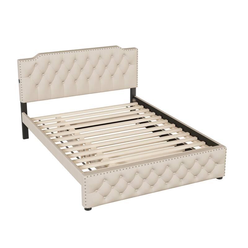 Queen Size Upholstered Platform Bed with Twin Size Trundle and 2 sets of USB Ports on each side, Modern Bed Frame with Headboard