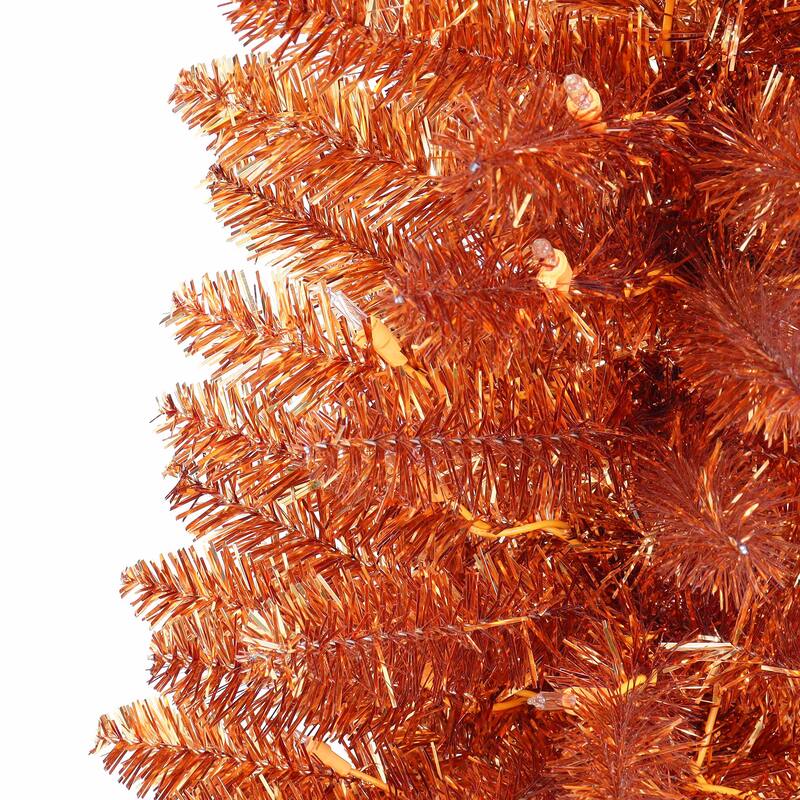 Puleo International 6 ft. Pre-Lit Orange Tinsel Artificial Tree