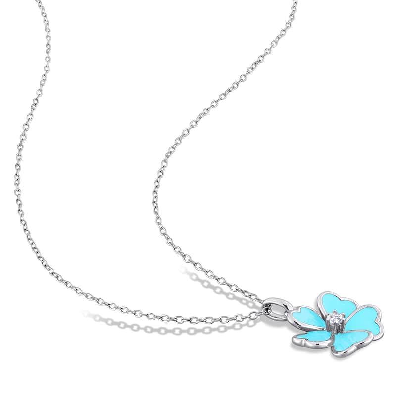 Miadora 1/4ct TGW White Topaz Light Blue Enamel Flower Necklace and Earrings Set in Sterling Silver