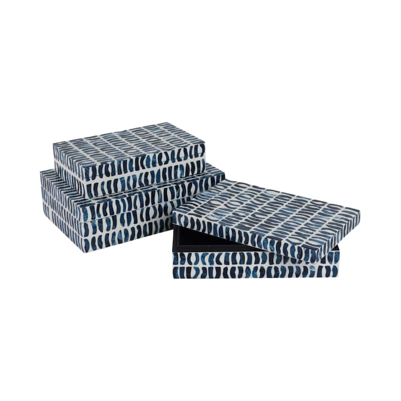 Decorative Boxes with Lid - Set of 3, 10", 11", 12", Blue & White - 12.0"