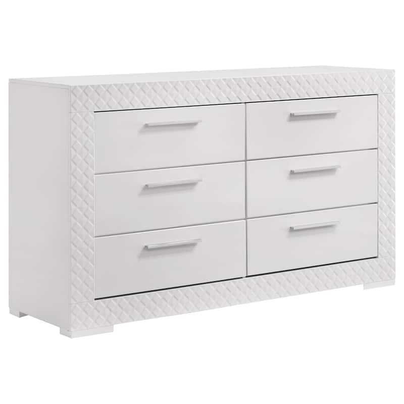 Ivon 4pc Queen Bedroom Set, Diamond Embossed, White High Gloss, LED