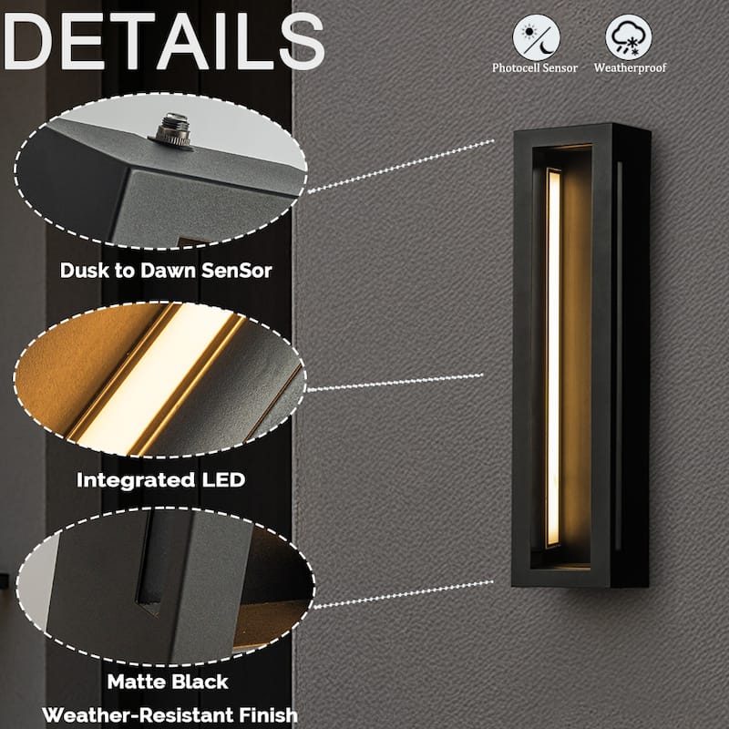 Modern Outdoor Wall Light with Dusk to Dawn Sensor Linear Matte Black Wall Sconce with Acrylic Shade for Entryway(2 Pack) - W5''