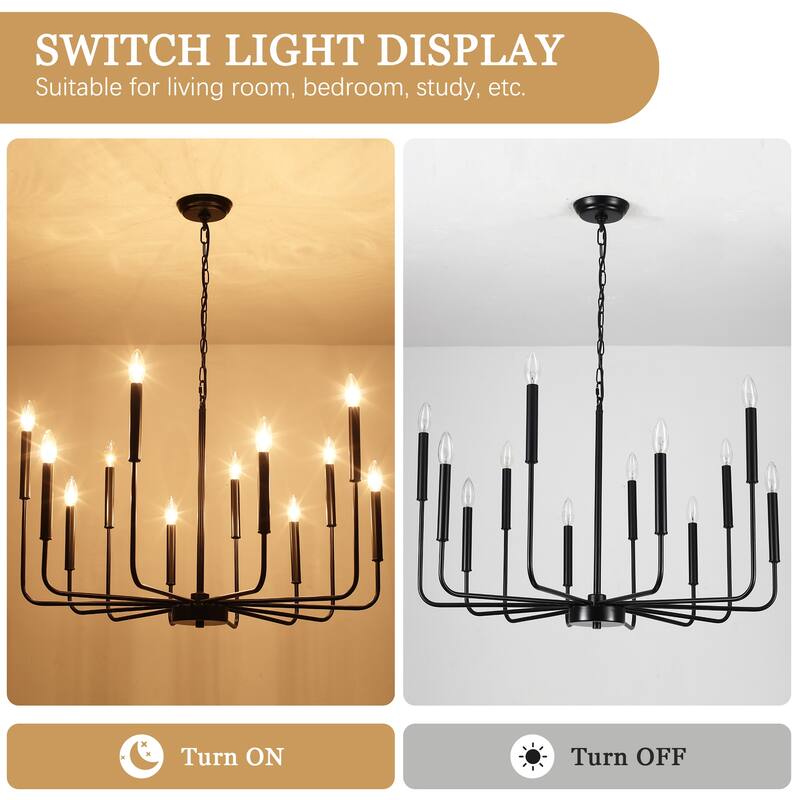 12-Light Rustic Candle Style Hanging Linear Chandelier Lighting for Kitchen Island