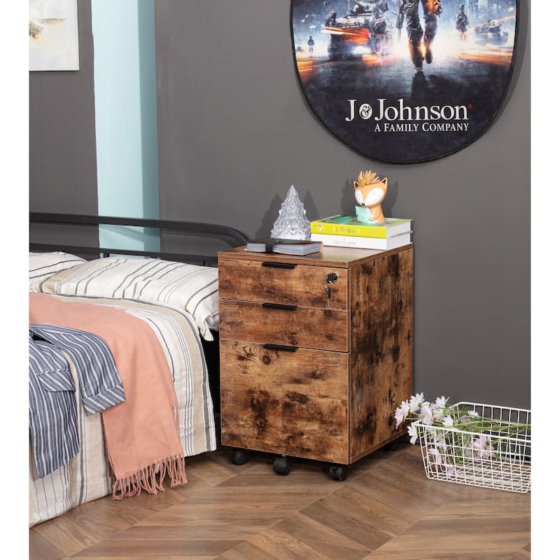 JJS 3 Drawer Rolling File Cabinet Wooden Storage with Lock & Wheels