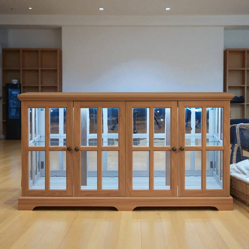 LED Antique Curio Display Cabinet with Glass Doors, Adjustable Shelves and Vintage 4-Door Design